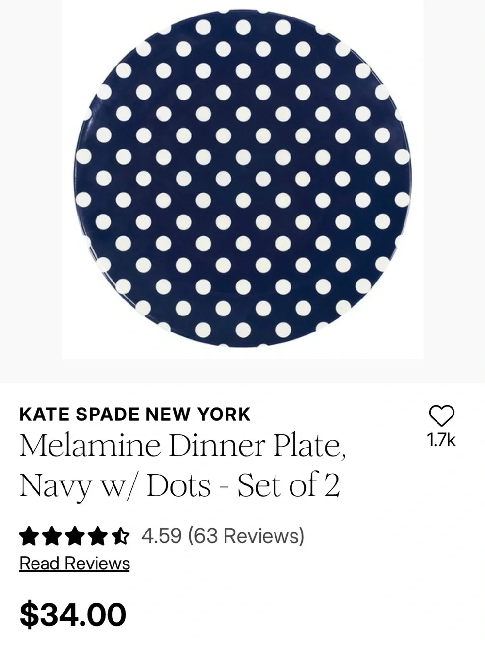 *NEW* Kate Spade- Melamine Dinner Plate, Navy w/ Dots - Set of 2